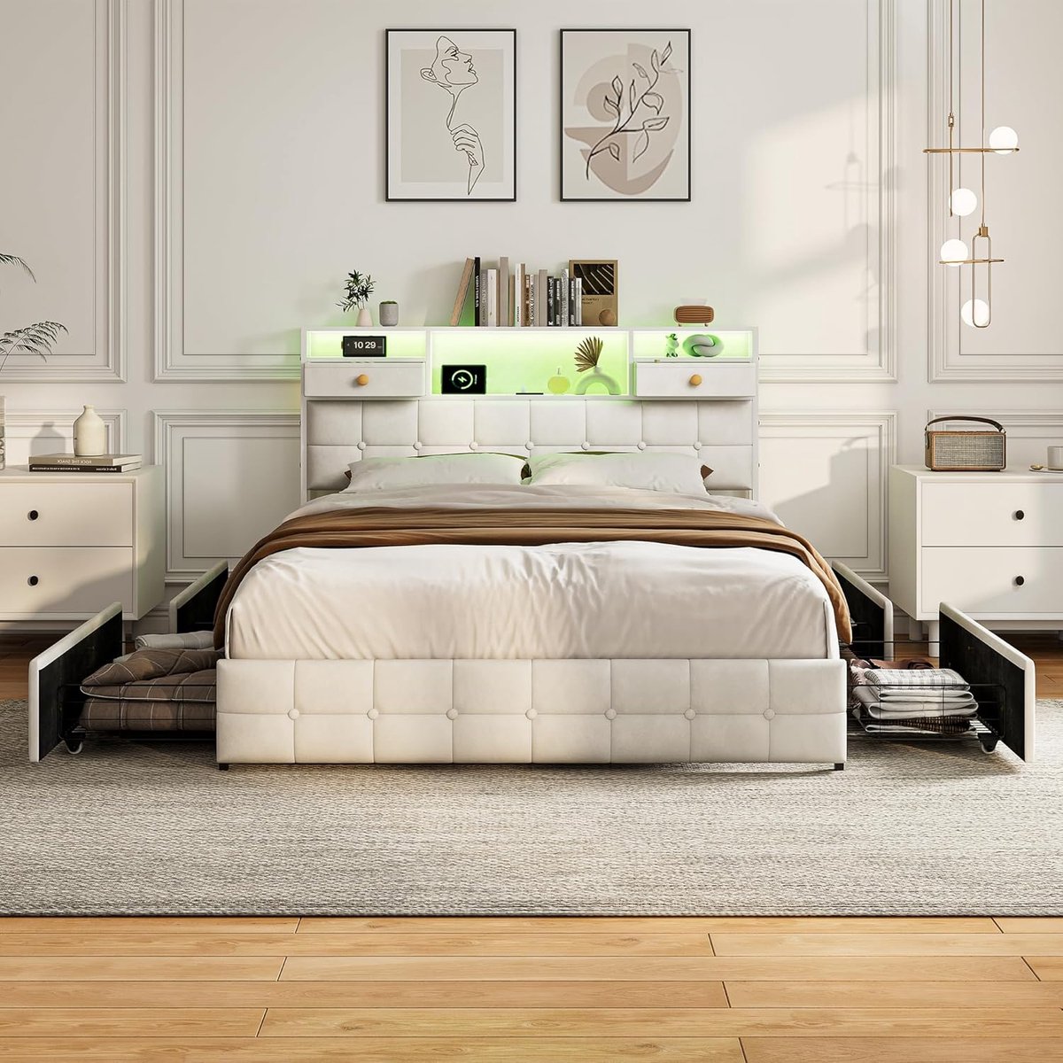 Gestoffeerd Bed - Tweepersoonsbed Opbergbed - Moderne Slaapkamer - Met Ledverlichting USB - 140x200cm - Beige