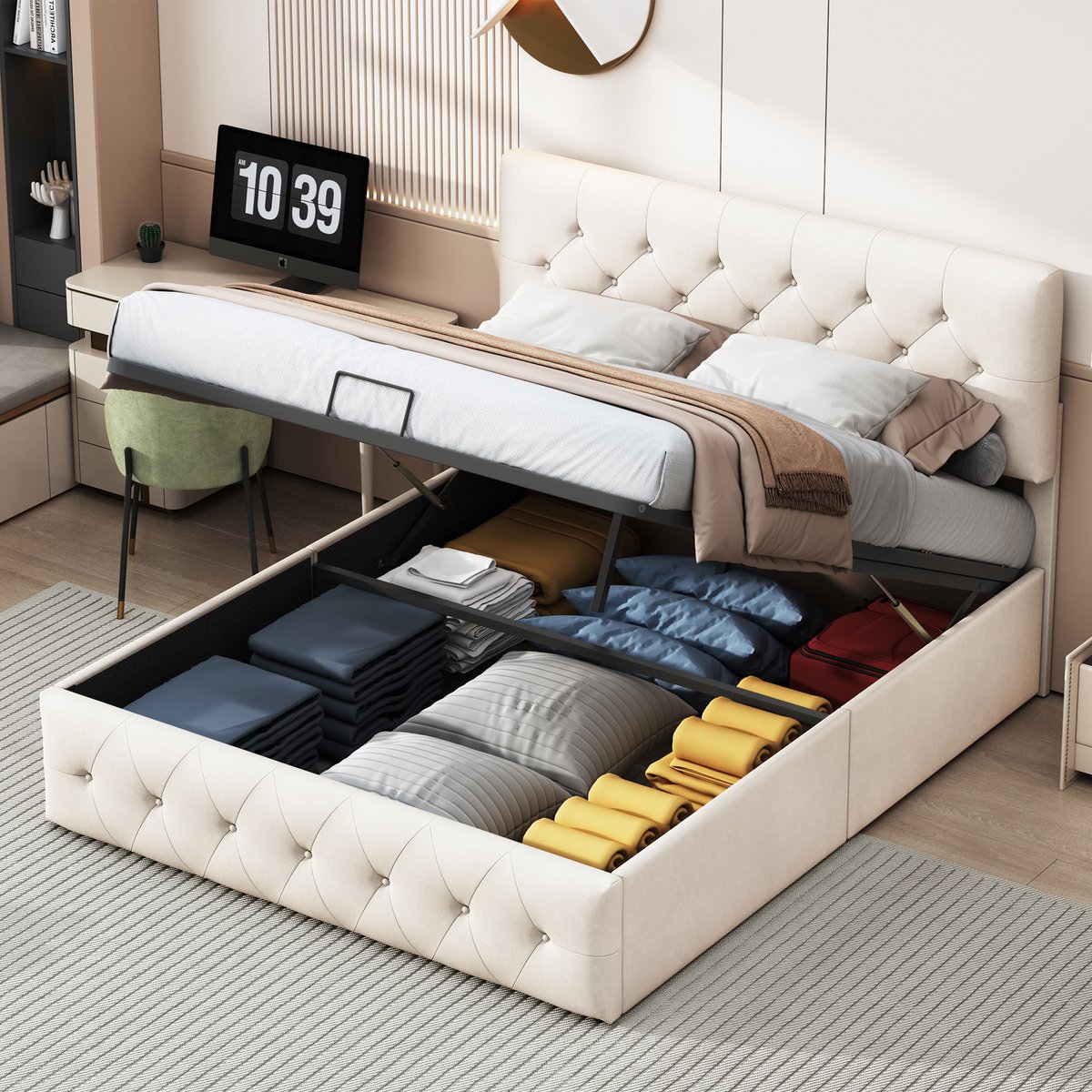 ROSAHQNDA Gestoffeerd bed tweepersoonsbedframe, hydraulisch bed met grote opbergruimte, beige fluweel, 140 x 200 cm, zonder matras (verzonden in 2 pakketten)