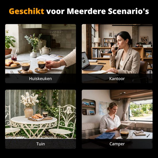 Collage van vier scenario's waarin het espressotoestel gebruikt wordt: in de huiskamer, op kantoor, in de tuin en in een camper.