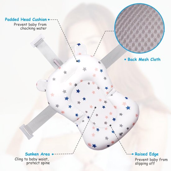 Babybadkussen - Antislip badnet - Verstelbaar kussen - Opvouwbare babybadmat - Babybadaccessoires - babybadmatten - Veiligheidsmat voor in bad - Zachte babymat - Badkuipsteun - Geschikt voor baby's van 0-3 jaar - Wit — afbeelding 2
