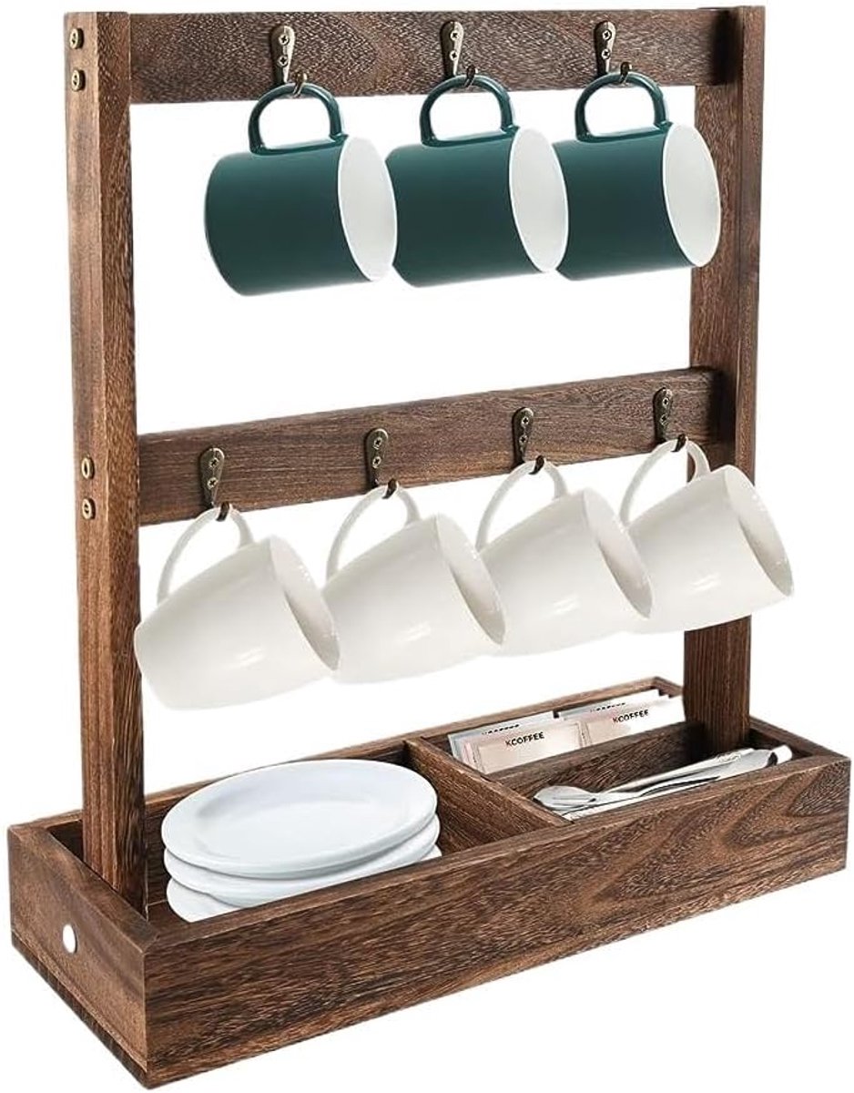Mokken Opbergrek - Kopjes Houder - Keuken Organiseren - Massief Hout - 40 x 40 x 40 cm - Bruin