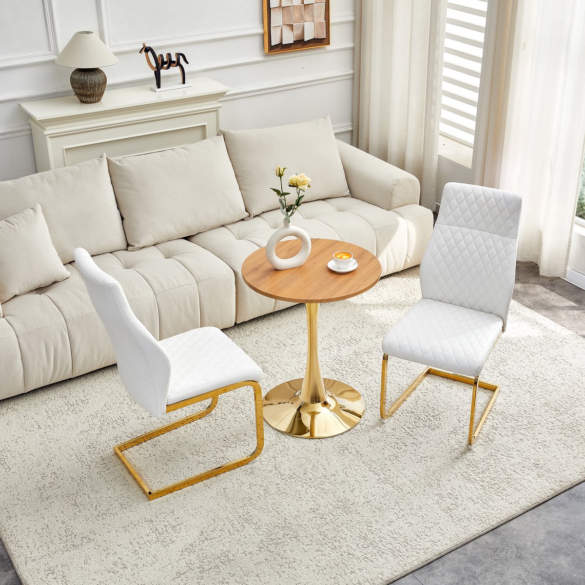 STILVORA Set Tafel En Stoelen 60 Cm - Ronde Tafel Met 2 Stoelen En Ruitpatroon - Voor Eethoek En Woonkamer - MDF Metaal Kunstleer - Wit Goud Houtkleur