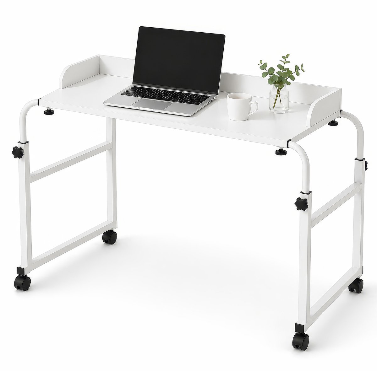 Lemlit Bedtafel op Wielen - laptoptafel - Overbedtafel 120 x 40 cm met Opstaande Rand - Hoogte Verstelbaar 65-95 cm - Voor Bedden tot 200 cm - Wit