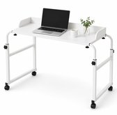 Lemlit Bedtafel op Wielen - laptoptafel - Overbedtafel 120 x 40 cm met Opstaande Rand - Hoogte Verstelbaar 65-95 cm - Voor Bedden tot 200 cm - Wit