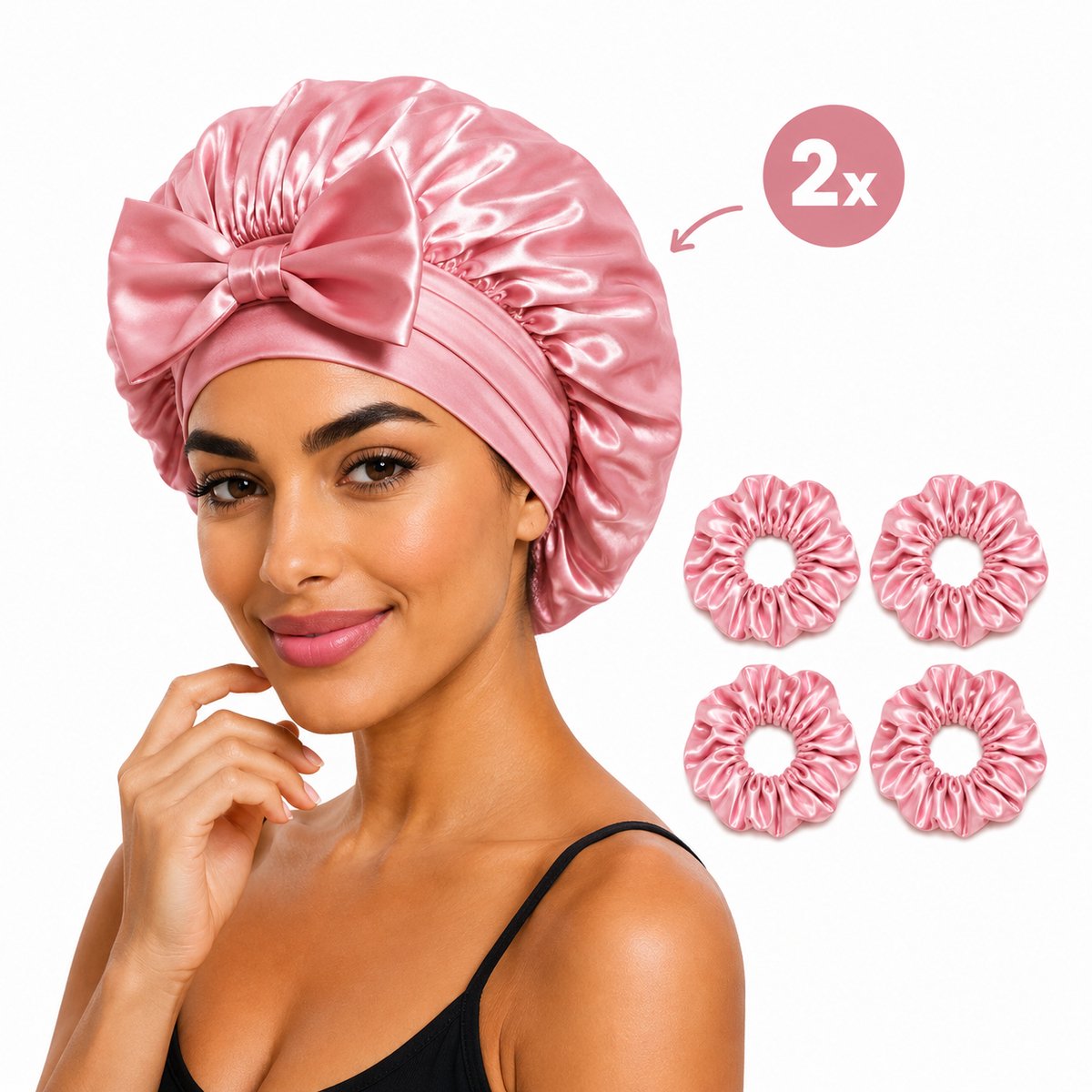 Moya Luxe Satijnen Bonnet (2 Stuks) - Satijnen Slaapmutsen - Tegen Pluis, Klitten & Haarbreuk - Incl. 4 Satijnen Scrunchies