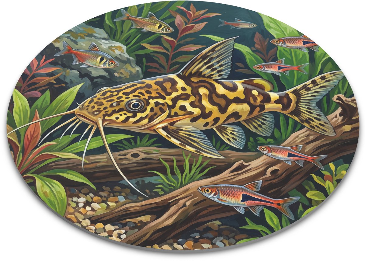 Ronde muismat met luipaardmeerval - Gedetailleerd aquarium design