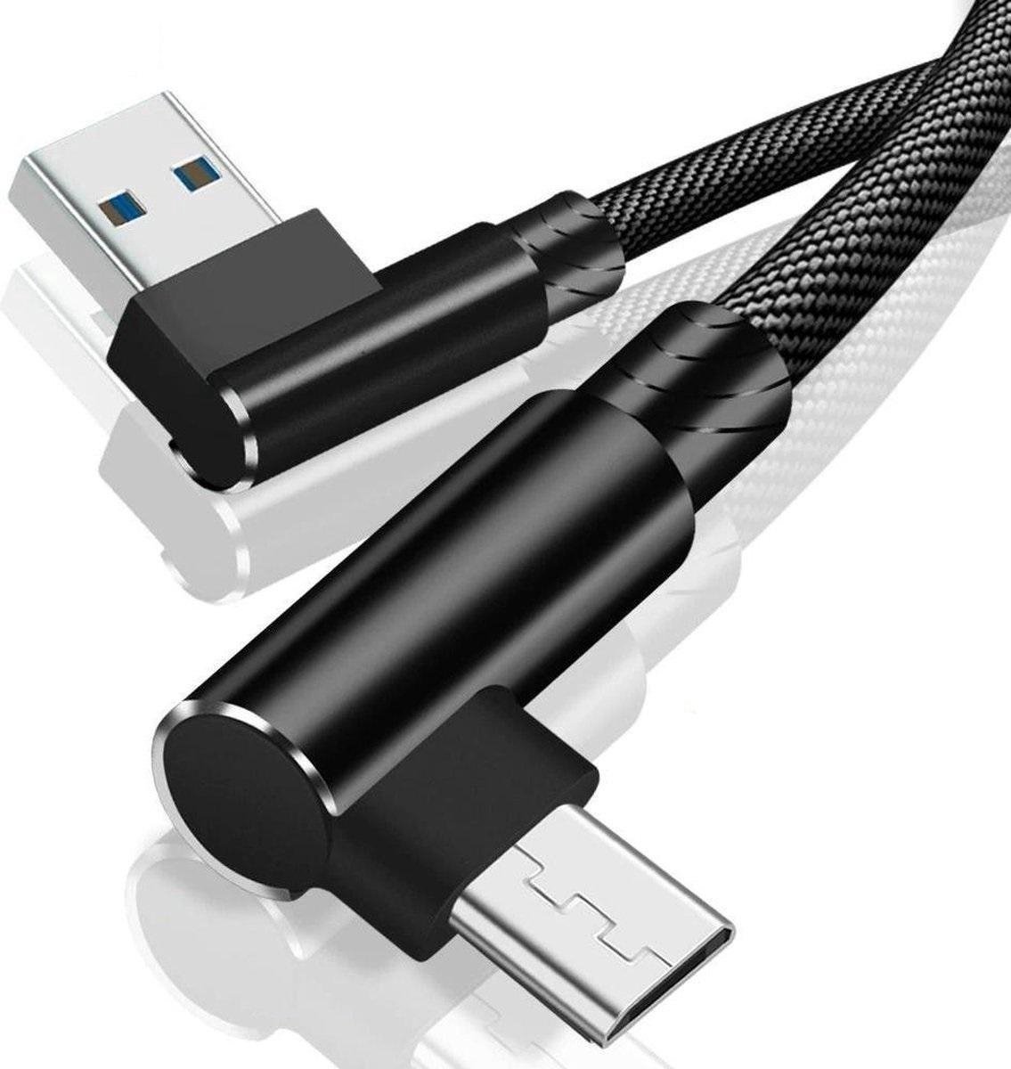 DrPhone D9 Micro USB Dubbele 90° Haakse Nylon Gevlochten 3A kabel – 1 Meter -Datasynchronisatie & Snel opladen – Zwart