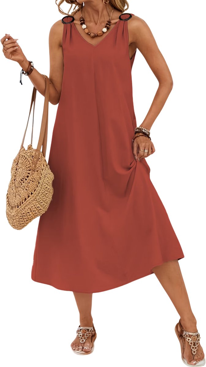 Currero Zomerjurk Dames Zomerjurken Volwassenen Vrouwen Midi Jurk Ibiza Stijl Sundress Dress Roestrood