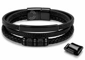 Armband Heren Leer Zwart – Mauro Vinci® Franci Leren Heren Armband met RVS Details – Verstelbare Mannen Armband 19.5 cm tot 21 cm – Stoere Schakelarmband Heren – Inclusief Luxe Geschenkverpakking