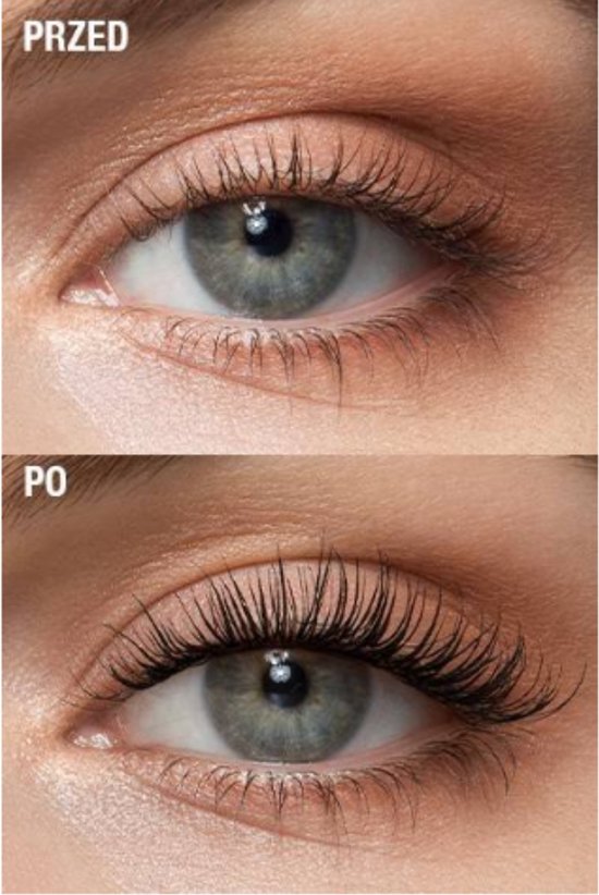 Voor en na foto van een oog met wimpers behandeld met mascara.