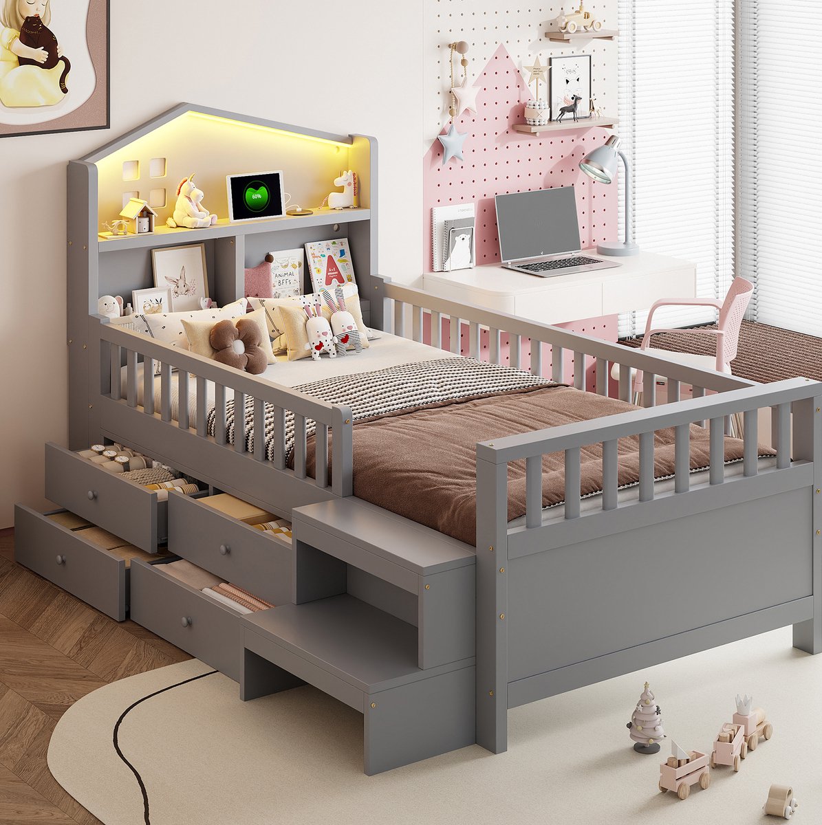 MEUNIQ kinderbed 90 x 200 cm met veiligheidshekje, 4 opberglades, trap, LED-verlichting, USB en Type-C, lattenbodem, grijs