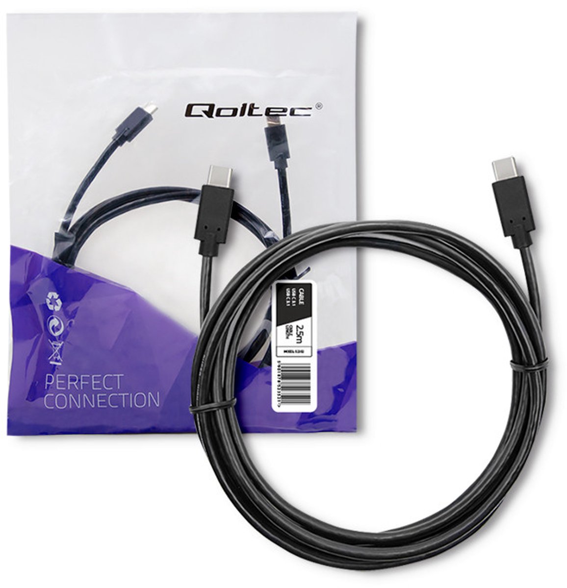 Image of Qoltec - USB-C Kabel - 2.5m - Zwart - USB 3.1