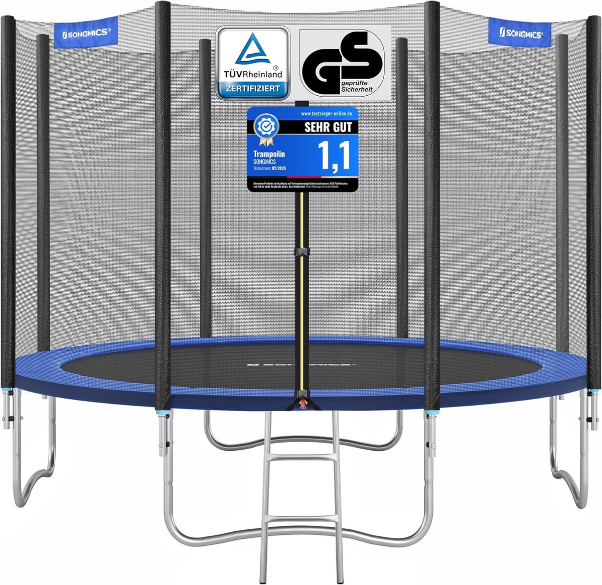 SONGMICS Gartentrampolin Ø 244cm, rundes Trampolin mit Sicherheitsnetz, mit gepolsterten Stangen, Sicherheitsabdeckung, TÜV Rheinland getestet, sicher, Outdoor, schwarz, blau STR8FT