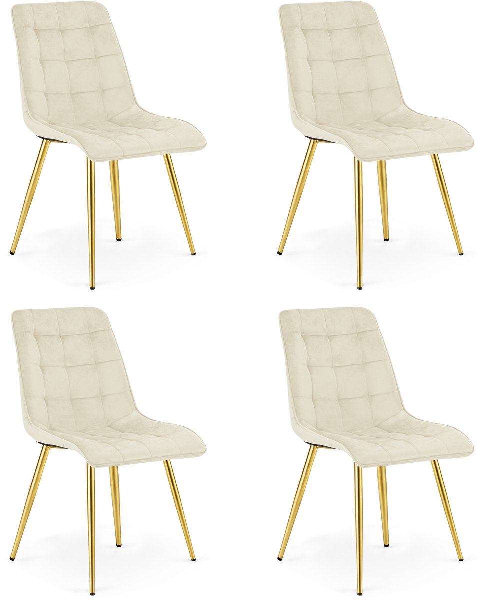 LEOBERT Set van 4 Eetkamerstoelen SPLIT – Lichtbeige Velvet / Fluweel – Gestoffeerde Zitting – Goudkleurige Metalen Poten – Modern Design – Voor Eetkamer en Keuken