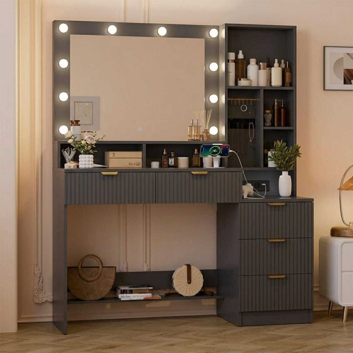 Luxe LED Make-uptafel met Spiegel en Verlichting, Stopcontacten (AC, USB & USB-C), 5 Laden & 7 Opbergvakken – Moderne Vanity Kaptafel 149x114x40 cm – Medahomestore