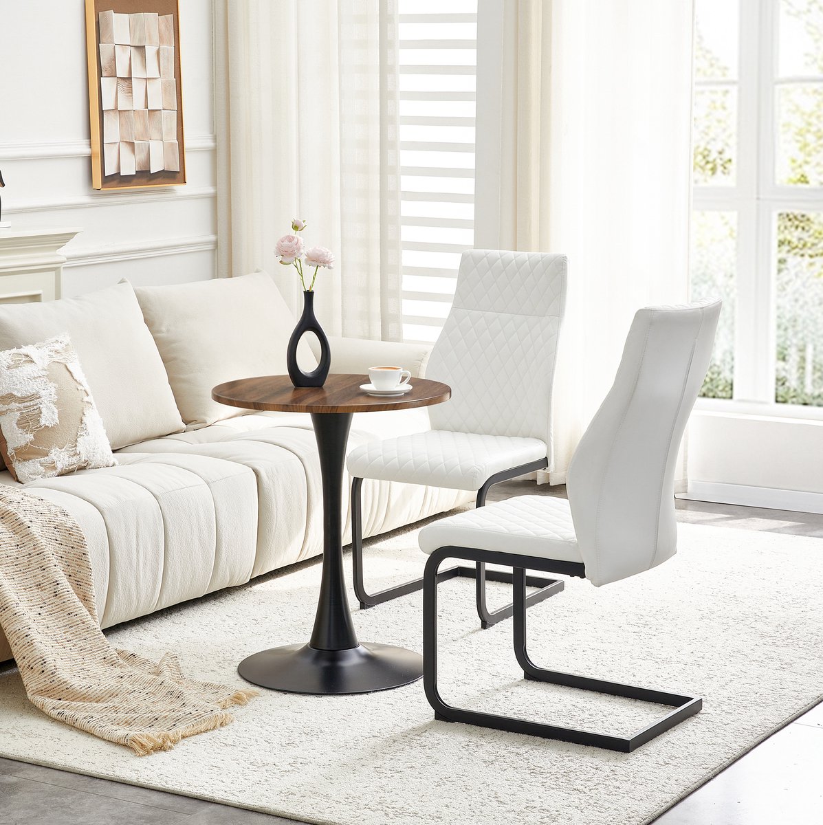 HAUSS SPOLE Set Tafel En Stoelen - Ronde Eettafel Met 2 Eetkamerstoelen - Comfortabel En Stabiel Voor Eethoek En Woonkamer - MDF Metaal Wit Zwart Walnoot walnootkleur, wit, zwart