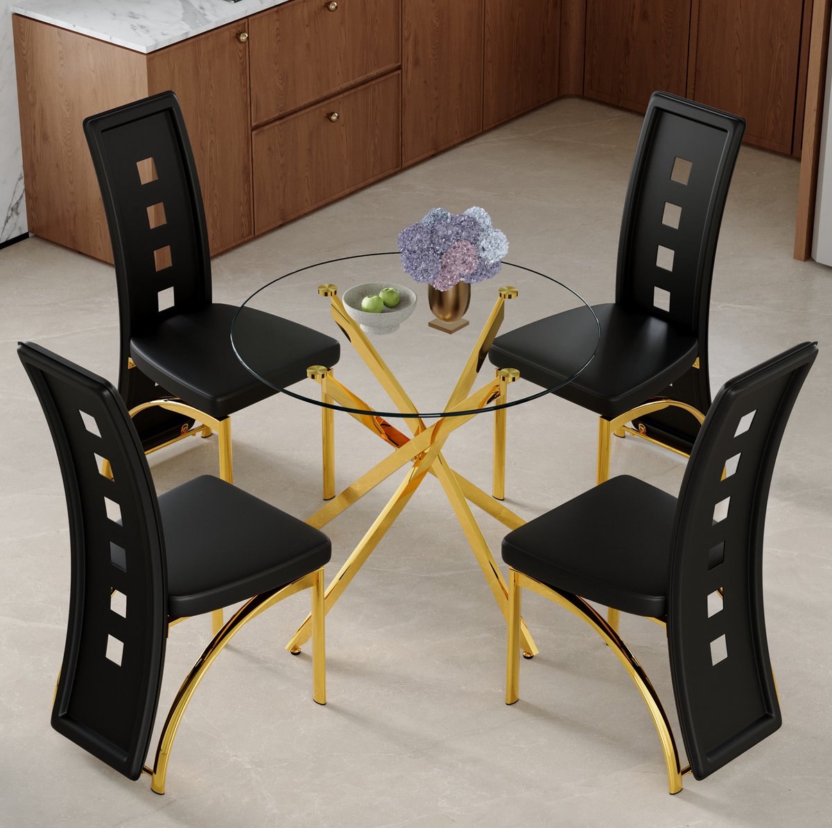 HAUSS SPOLE Set Tafel En Stoelen - Ronde Glazen Eettafel Met 4 Stoelen - Modern Voor Eethoek En Keuken - Metaal En Kunstleer - Zwart Goud Transparant
