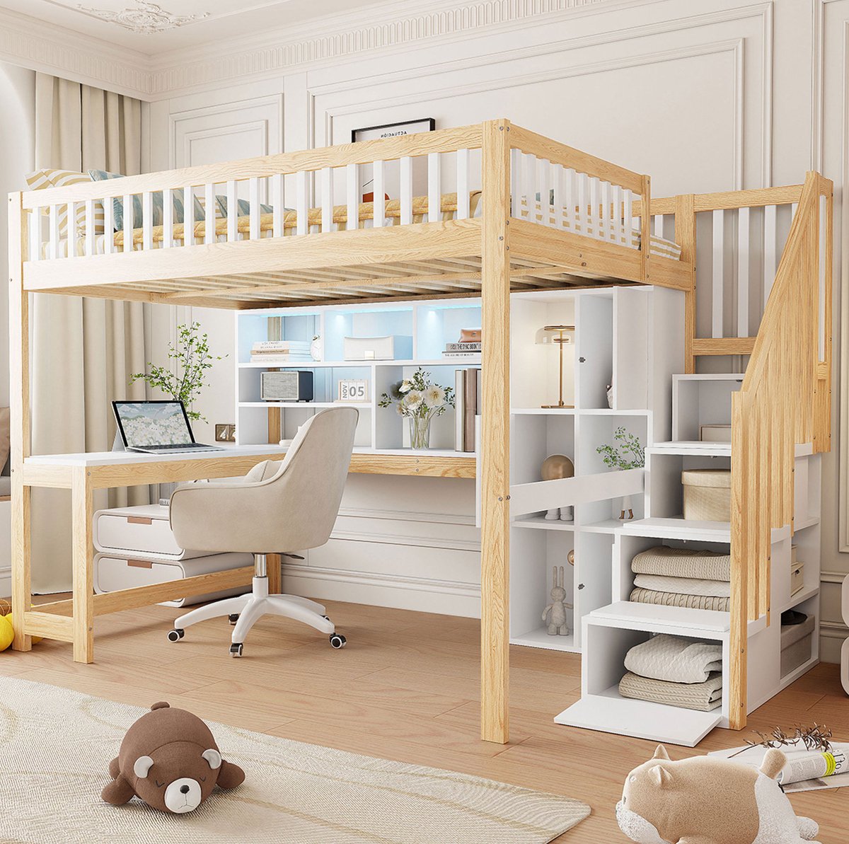 MEUNIQ Hoogslaper 140x200 cm met bureau, LED-verlichting, opbergleider, regalen en opbergvakken, zonder matras, voor kinderkamer, wit naturel