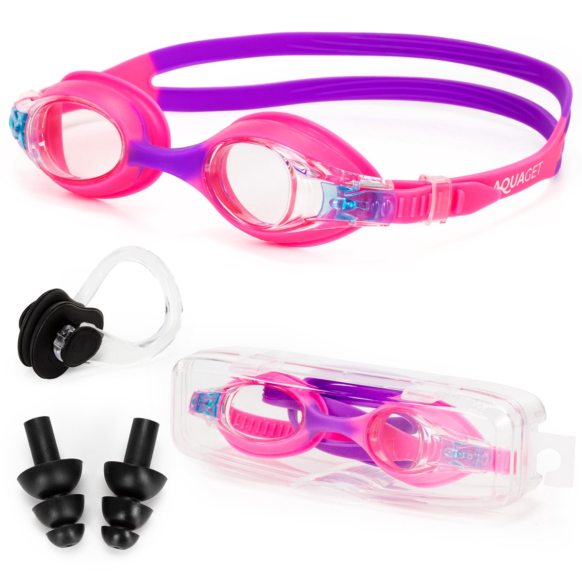 Aquaget® Duikbril - Zwembril - Kinderduikbril - Inclusief Oordoppen En Neusklem - Verstelbaar - Unisex - Roze/Paars