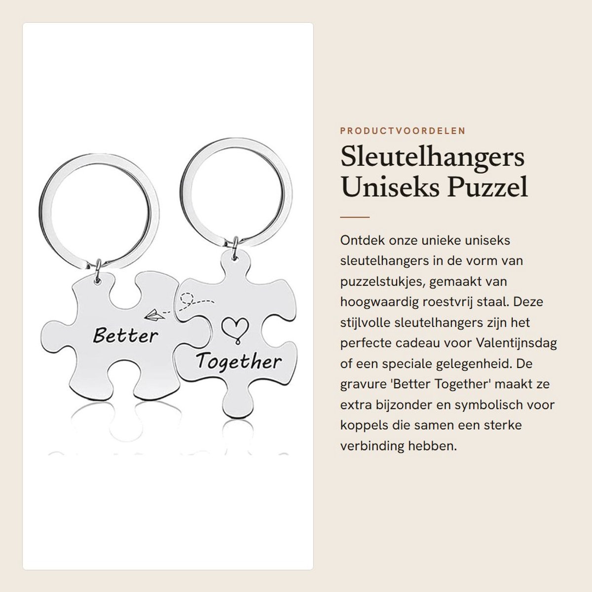 Dailygoods- Sleutelhangers Uniseks - Roestvrij Staal - Puzzel Hanger - Gravure 'Better Together' - Valentijnsdag Cadeau - Set van 2 - Puzzelhanger