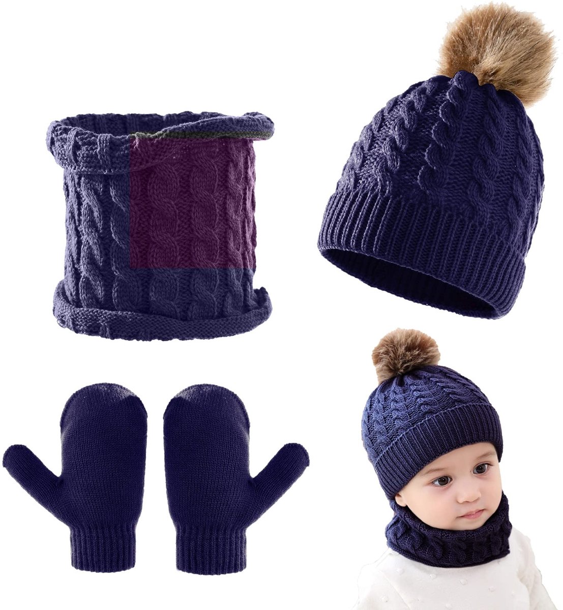 Dailygoods- Baby Beanie Set - 3-delige Muts/Sjaal/Handschoenen - Warme Gebreide Muts - Zachte Pompons - Geschikt voor 0-3 Jaar