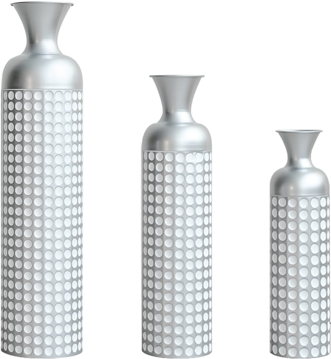 MUVANO Metalen Vloervaas - Grote Decoratieve Vaas - Vazen Set Van 3 - Hoogglans - Stippenpatroon - Modern - Woonkamer - 49,5/66/84 cm - 3-Delig - Zilver