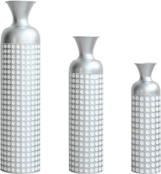 Metalen Vloervaas - Grote Decoratieve Vaas - Vazen Set Van 3 - Hoogglans - Stippenpatroon - Modern - Woonkamer - 49,5/66/84 cm - 3-Delig - Zilver