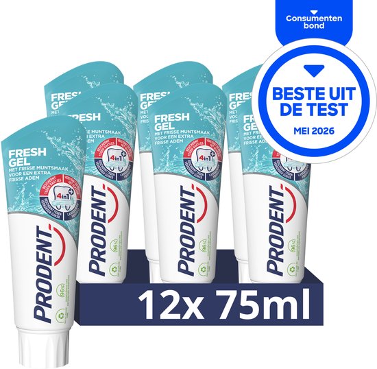 Een voordeelverpakking van 12 tubes Prodent Fresh Gel tandpasta. De verpakking is blauw en wit met de tekst 'Beste uit de test MEI 2026'.