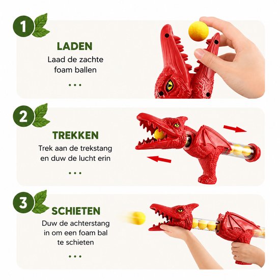 Instructies in drie stappen: Laden, Trekken en Schieten met de rode dinosaurus blaster en gele foam ballen.
