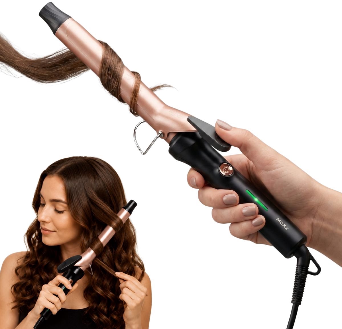 MEXX Krultang 25mm – Haarkruller met Keramische Coating – Haar Kruller tot Max 230°C – Haarkrultang met Draaibaar Snoer en Lengte 18cm – Zwart/Rosegoud