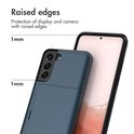 Donkerblauw telefoonhoesje met 1mm verhoogde randen voor display en camera, met plek voor pasjes.