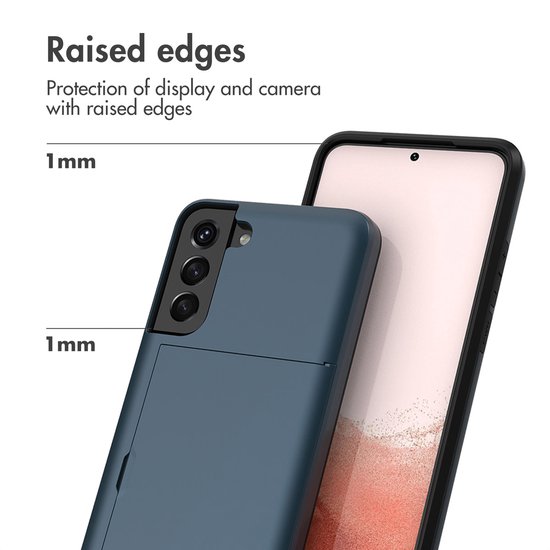 Donkerblauw telefoonhoesje met 1mm verhoogde randen voor display en camera, met plek voor pasjes.