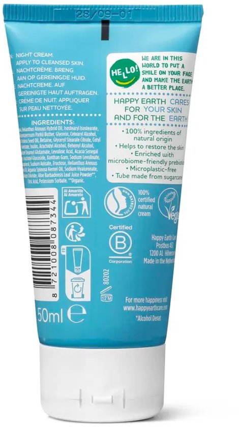 Achterkant van Happy Earth voedende nachtcrème tube met ingrediëntenlijst, certificaten en 50ml inhoud.