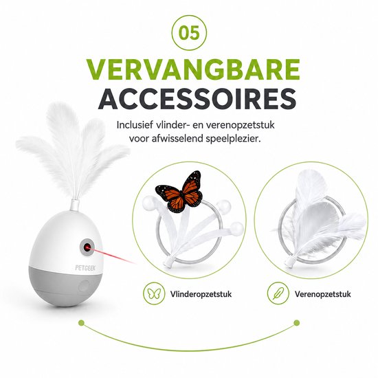 Wit kattenspeeltje met verwisselbare opzetstukken: vlinder en veren. Met laser en bijbehorende accessoires.