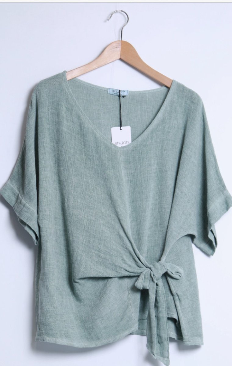 Linnenmix luchtige en elegante top met strikdetail - v-hals - kleur GROEN - maat 40