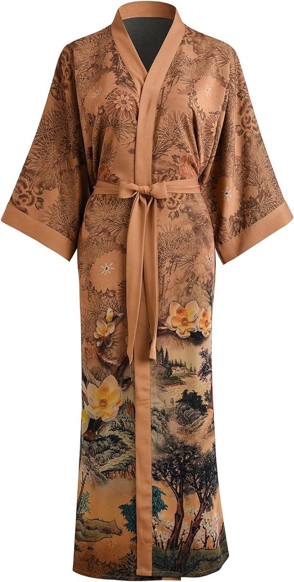 Dames Kimono Badjas - Lange Nachtjapon - Ontspannen Thuis - Exclusief Bloemendessin - One Size - Champagne