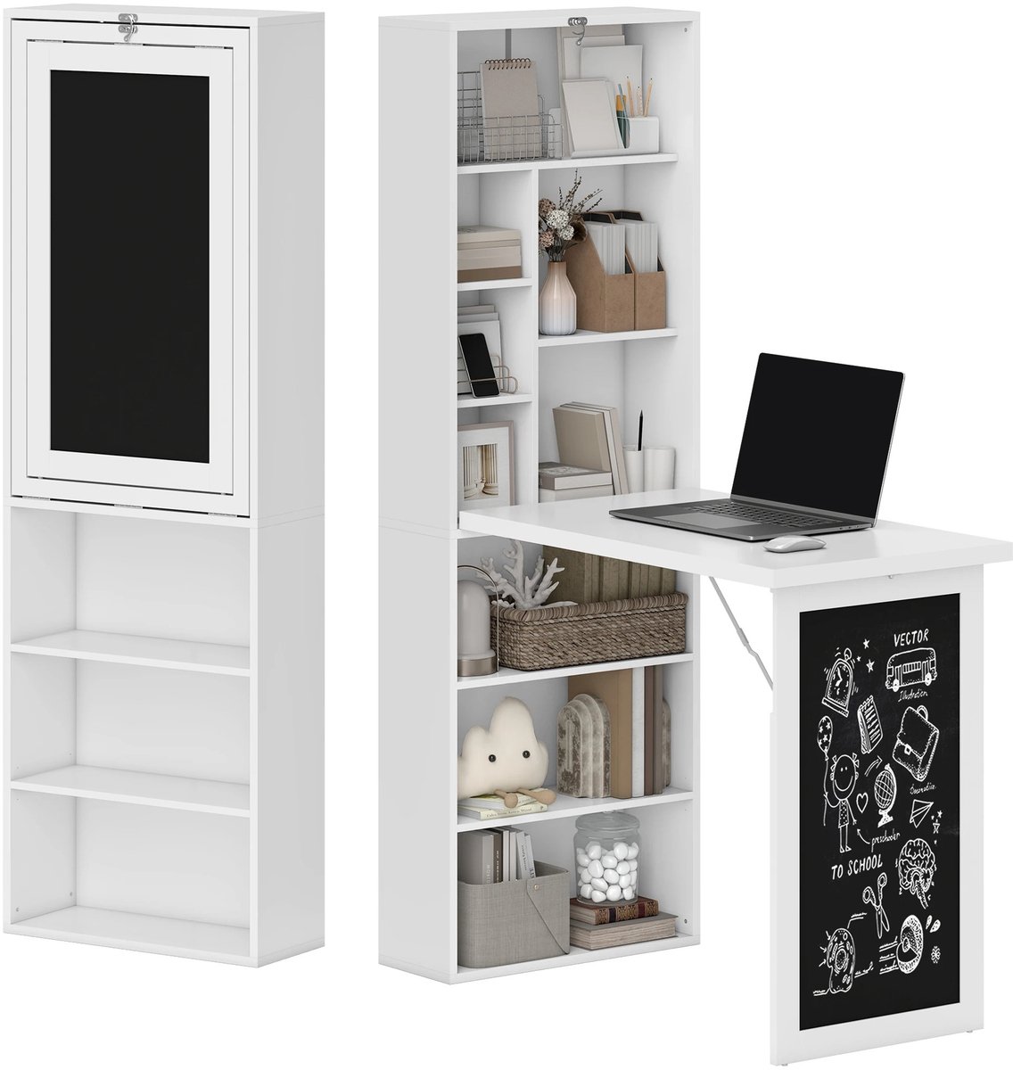 Noventra - Bureau - Opklapbaar Bureau - Bureau met Opbergruimte - Bureau met Boekenkast - Computerbureau - Bureau met Krijtbord - Wit - 98 x 51 x 153 cm
