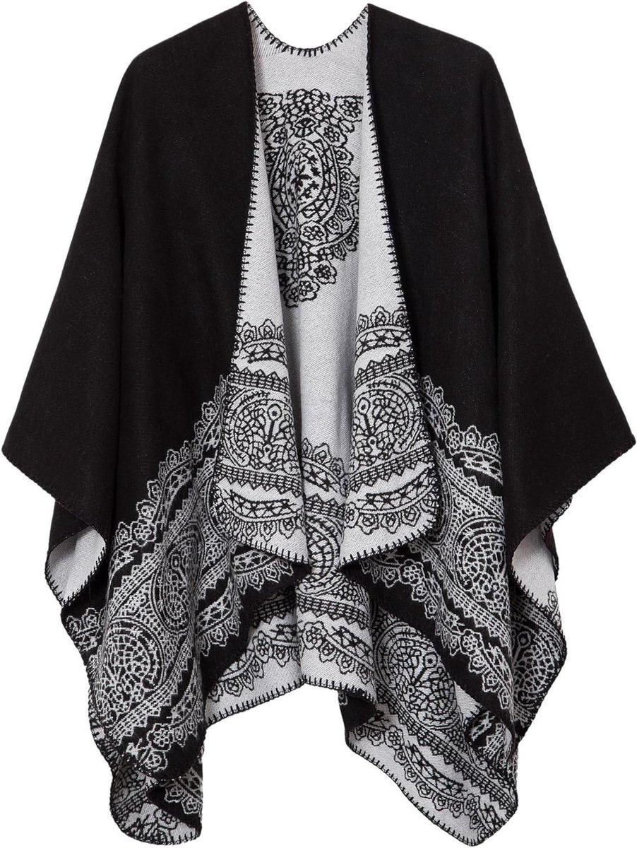 Gebreide Sjaal Poncho - Dames Cape - Comfortabel Buiten - Elegant Bloemendessin - One Size - Zwart