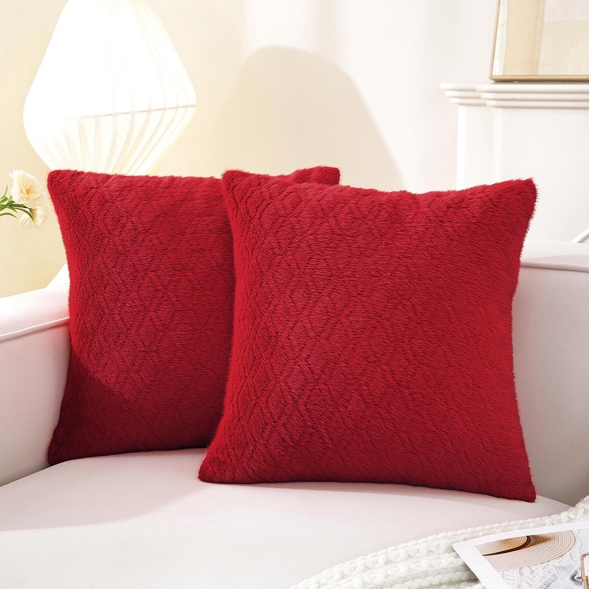 Kussensloop 45x45 cm Set van 2, Chenille Kussenhoezen van Super Zacht Pluizig, Decoratieve Kussenhoes met Verborgen Ritssluiting en Ruitpatroon, voor Bank Woonkamer Slaapkamer, Rood