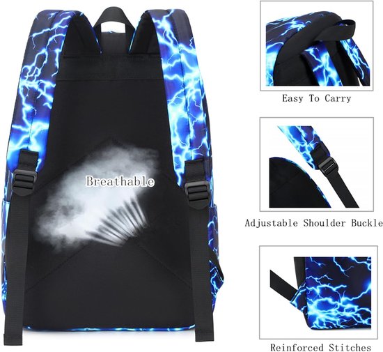 Zwarte rugzak met blauwe bliksemprint, ademend rugpaneel met ventilatie.