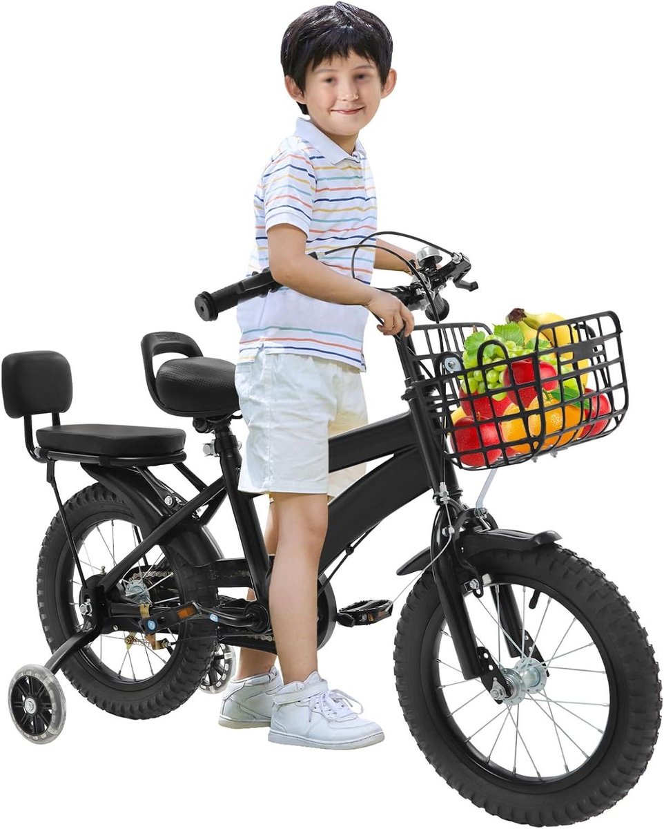 Kinderfiets - Jongensfiets Meisjesfiets - Leren Fietsen - In Hoogte Verstelbaar - 14 inch - Zwart