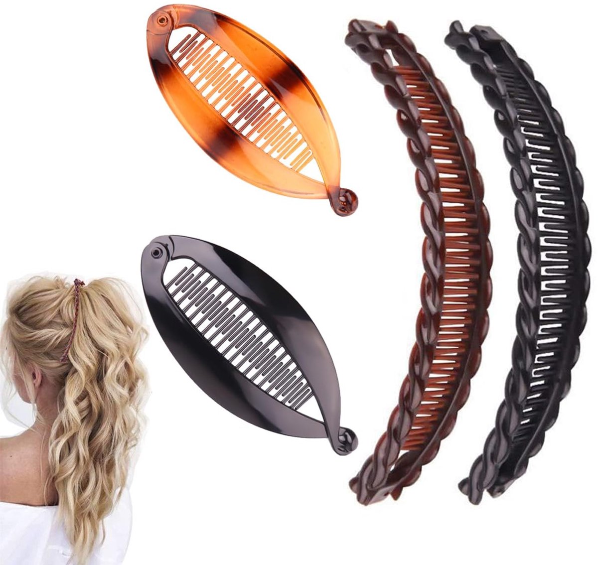 Haarspeldjes, 2 vissenstaart en 2 dubbele kamklauwen, antislip kleine bananenclip voor fijn haar, grote ovale paardenstaart-rugclips voor vrouwen, dagelijks en bruiloft styling