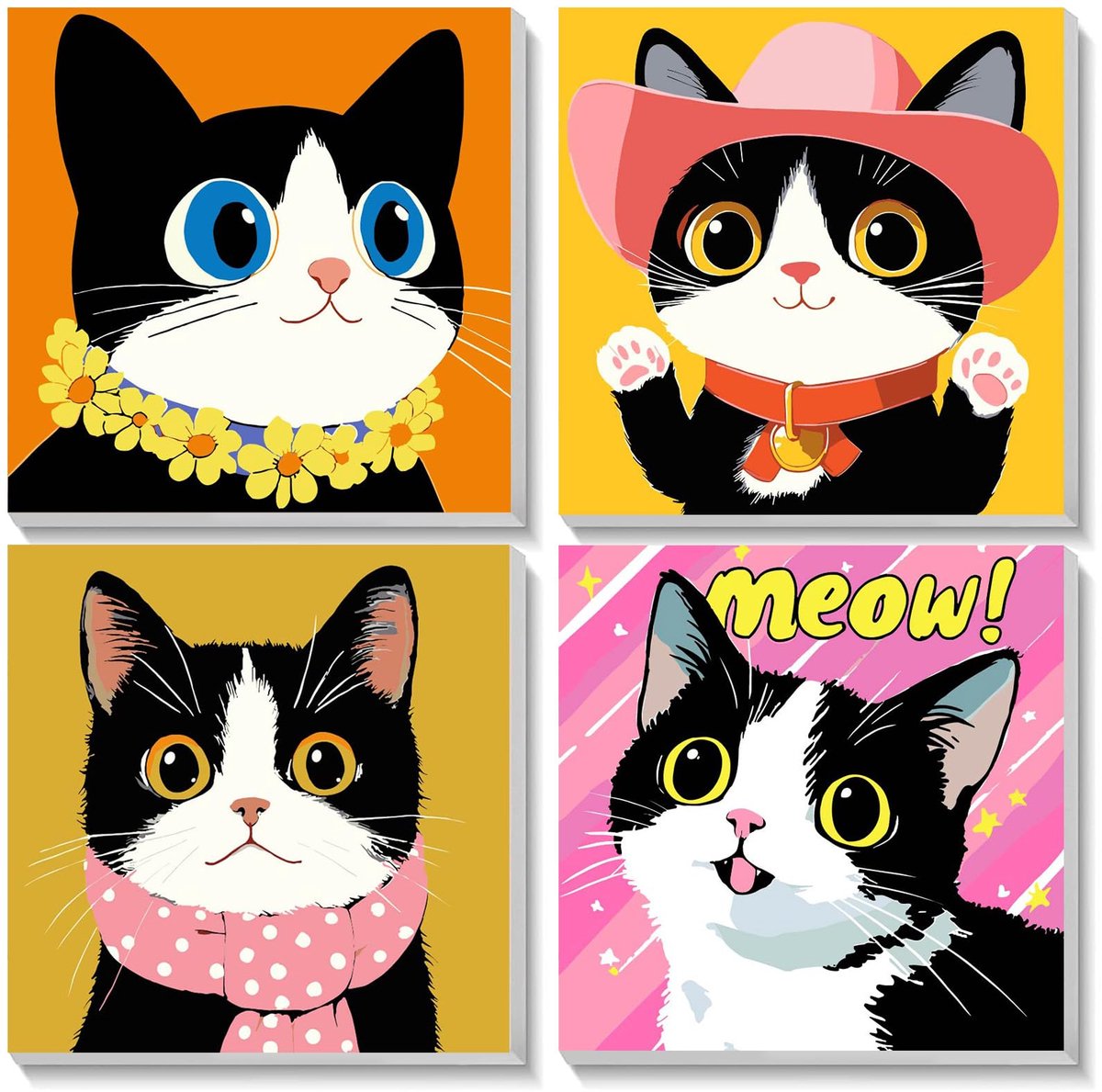 4 Pack Schilderen op Nummer Set, Schattige Katten Schilderen op Nummer met Lijst, Schilderen op Nummer, DIY Acryl Kunst Schilderij op Doek voor Woondecoratie 20x20cm