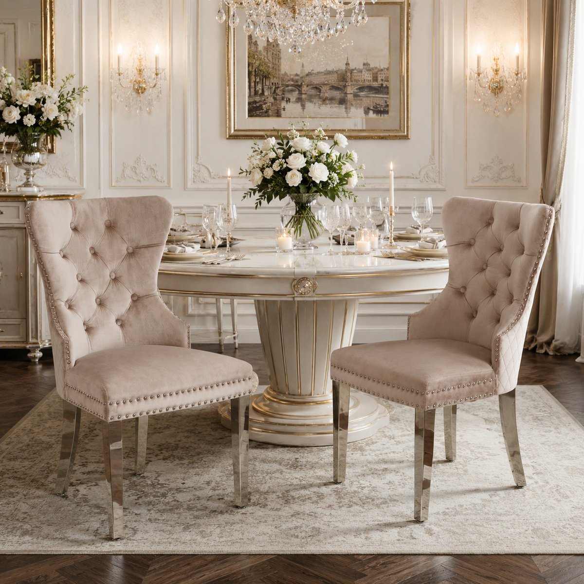 Eetkamerstoelen - Set Van 2 - Gestoffeerde eetkamerstoel - Eettafelstoel - Eetkamerstoelen - Met rugleuning - Fluweel - Metalen stoelpoten - Middeleeuwse Stijl - Beige
