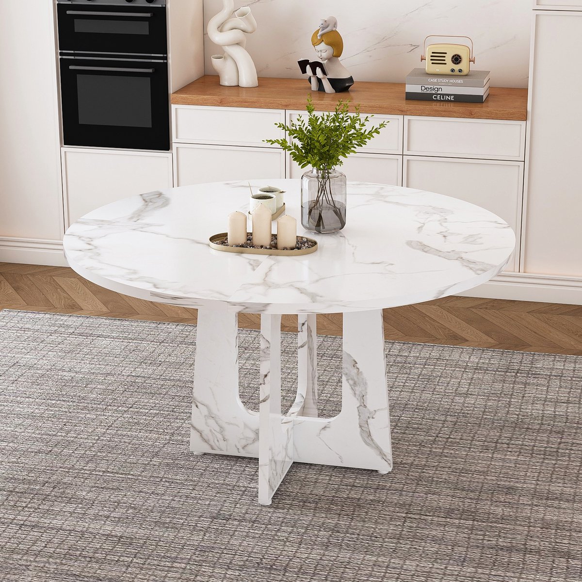 PHOEBE CAT Ronde Eettafel - Diameter 120 cm - MDF - Marmerlook - Geschikt voor 4 personen - Wit