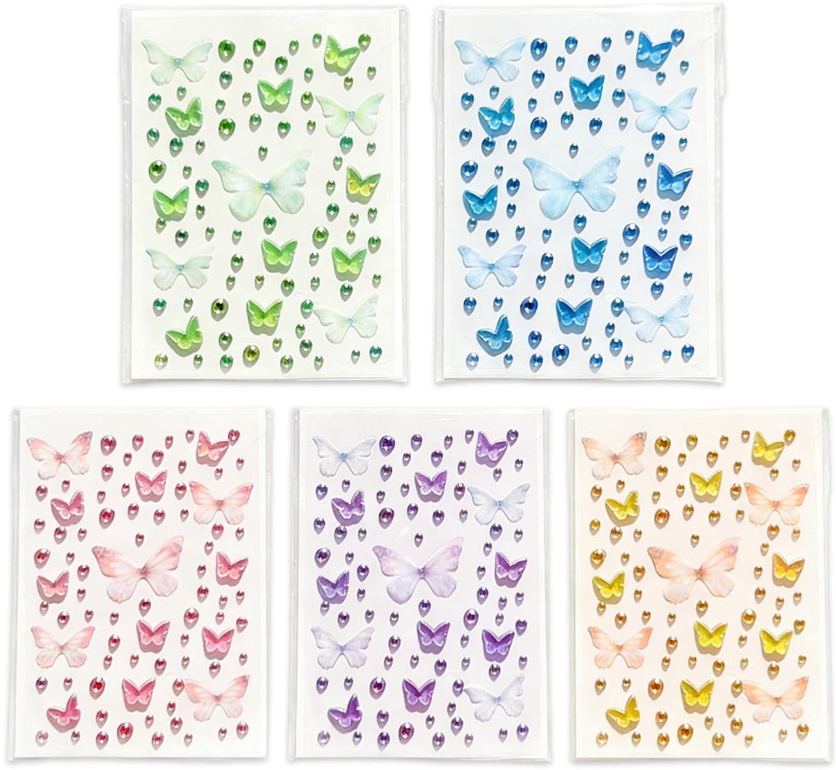 5 kaarten glitterstenen zelfklevend, vlinder-gezichtsstickers, glitterstenen voor het gezicht, strass-steentjes zelfklevend, glitterstickers voor knutselen, kinderhandwerk, decoratie, doe-het-zelf