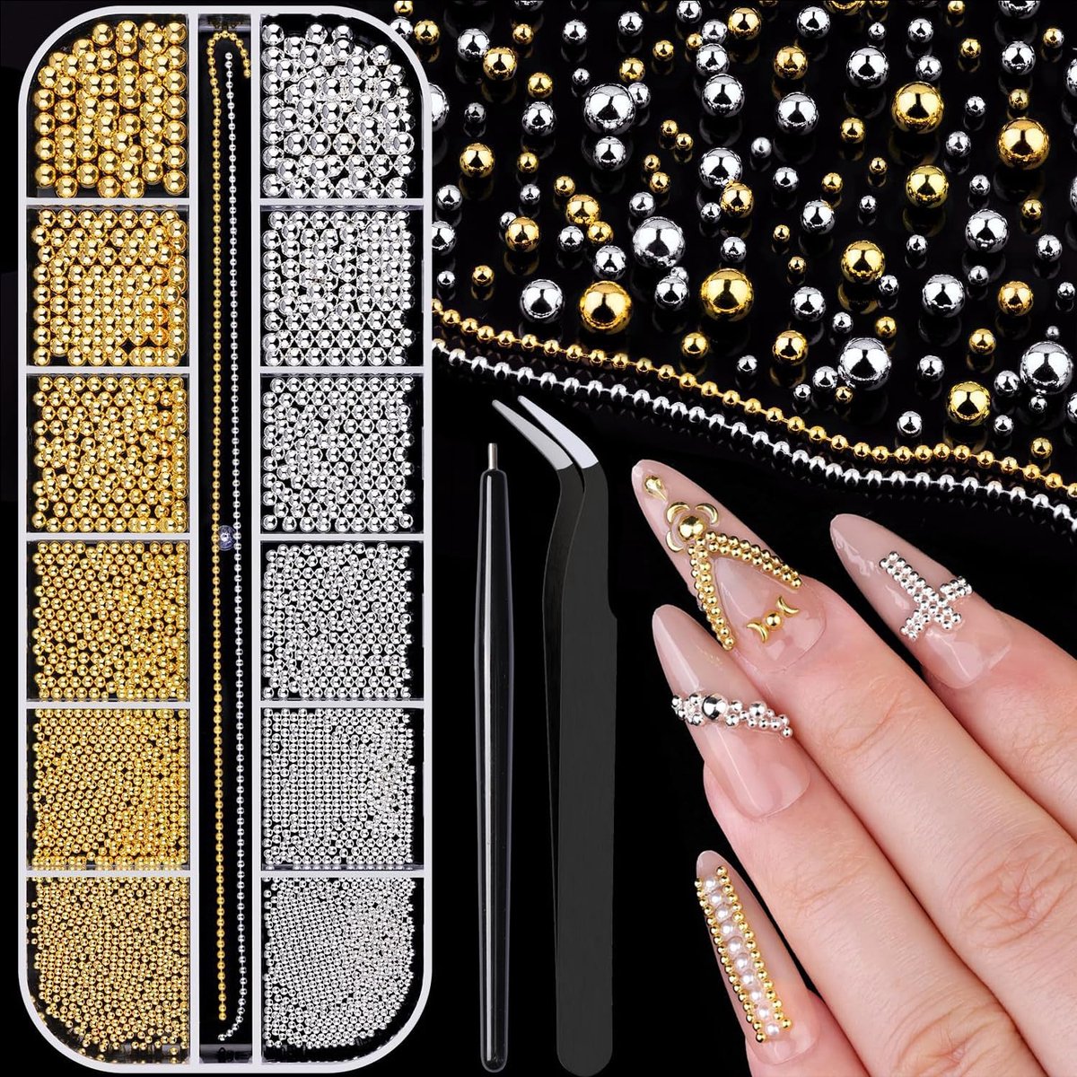 nagelkralen van 1-3 mm, metalen kaviaarkraal, zilver en goud, nagelkunstkralen, microkaviaar voor nagels, strass-steentjes voor manicuredecoratie