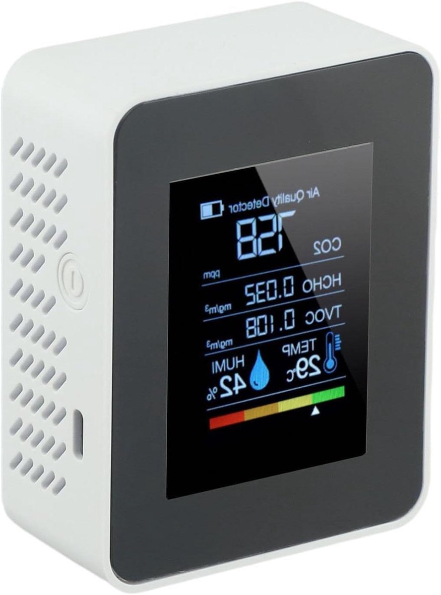 Luchtkwaliteit Monitor - Binnenluchtmeter - Lucht Meten - 5-in-1 Detectie - 10 x 8 x 3 cm - Wit