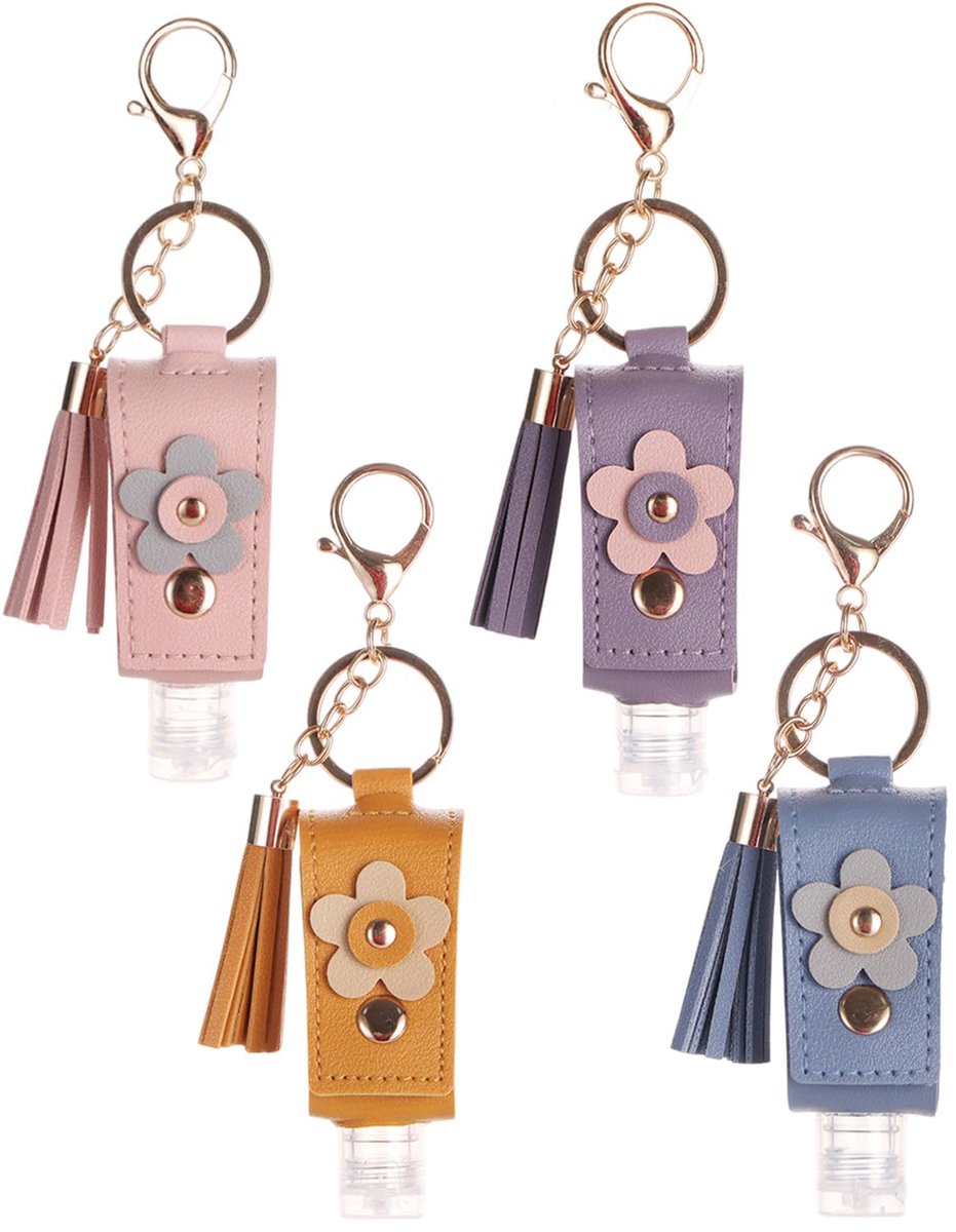 sleutelhanger voor handdesinfectie en gel, navulbaar 30 ml met hoes in leerlook, tashanger met kwastje en bloem, reisset van 4 voor handbagage en school