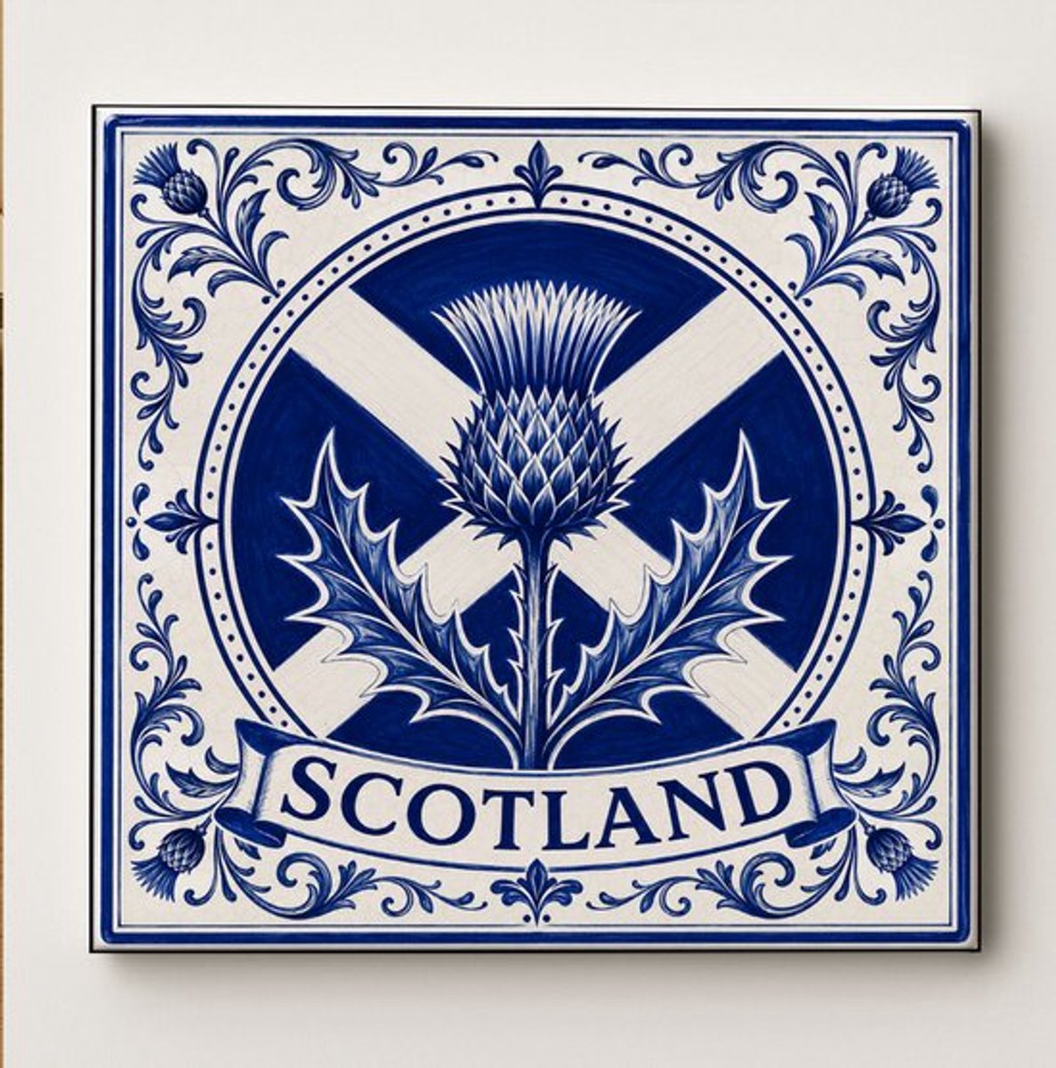 Schotland Decoratieve Keramische Tegel 11x11 cm – Schotse Distel Wandtegel – Blauw Wit Heritage Design – Schotland Souvenir Cadeau